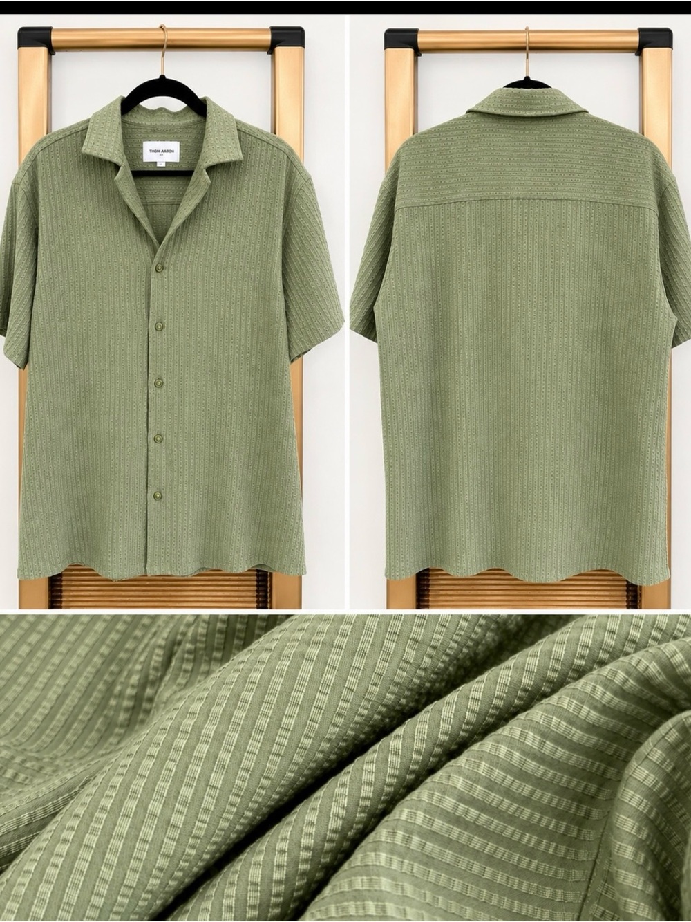Thom Aaron Textured Olive Green Short-Sleeve Button-Down Shirt